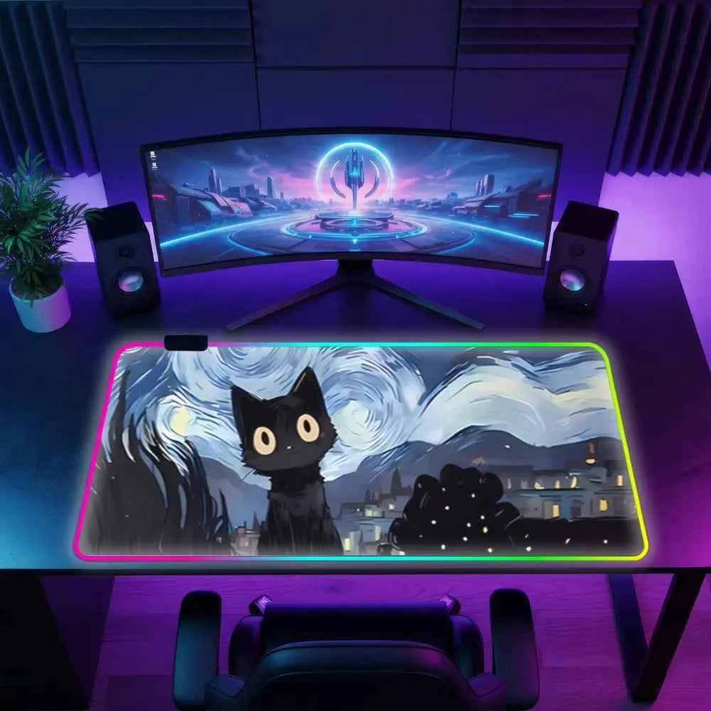 Grand tapis de souris rgb chat van gogh