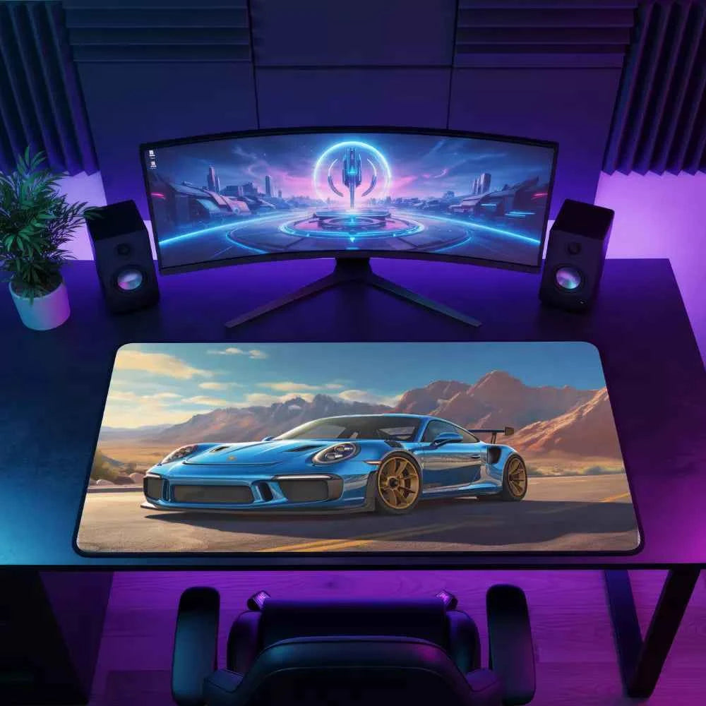 Grand tapis de souris voiture Porsche bleu