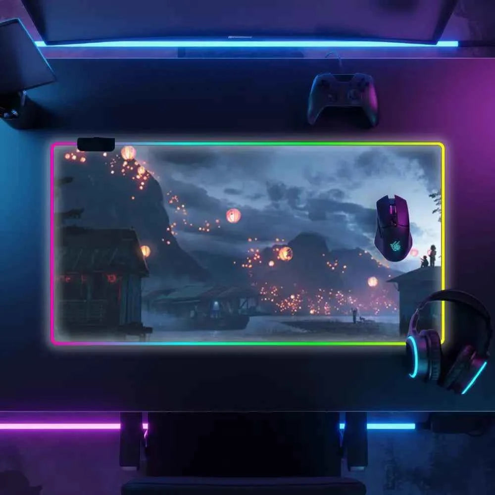 Tapis de souris led lanternes dans un village nocturne