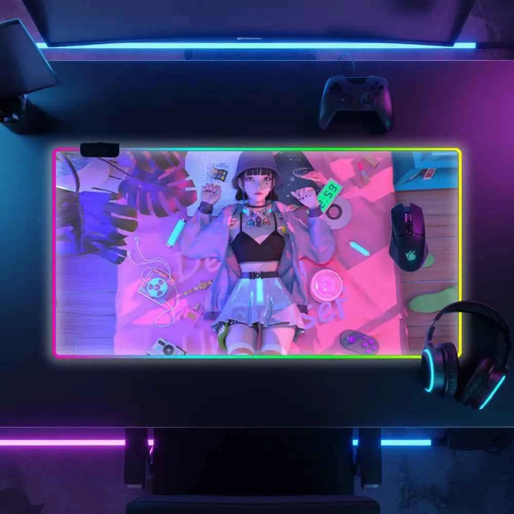 Tapis de souris lumineux fille cyberpunk rose