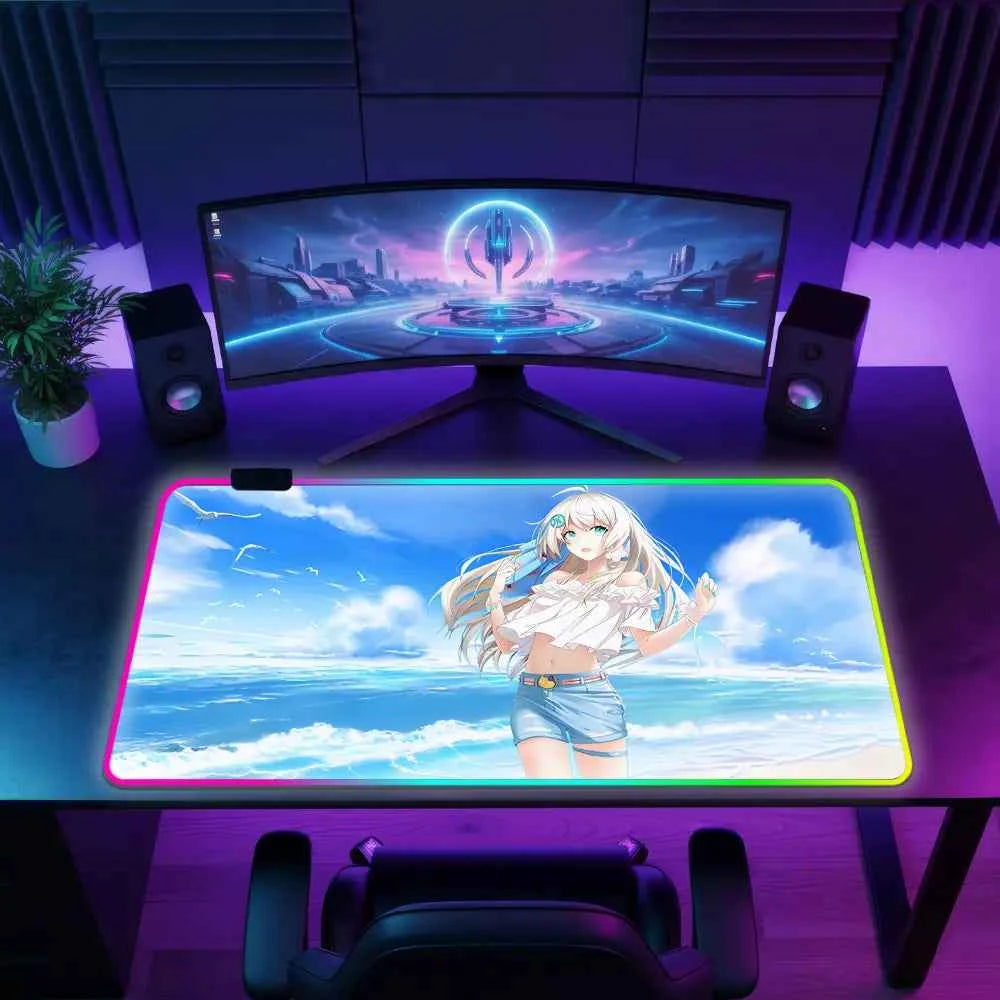 Tapis de souris neon fille manga plage bleu