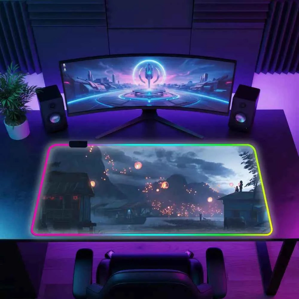 Tapis de souris rgb lanternes dans un village nocturne