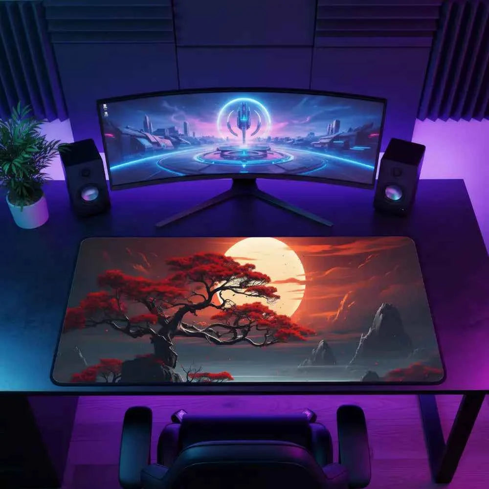 grand tapis de souris gamer arbre coucher de soleil V2