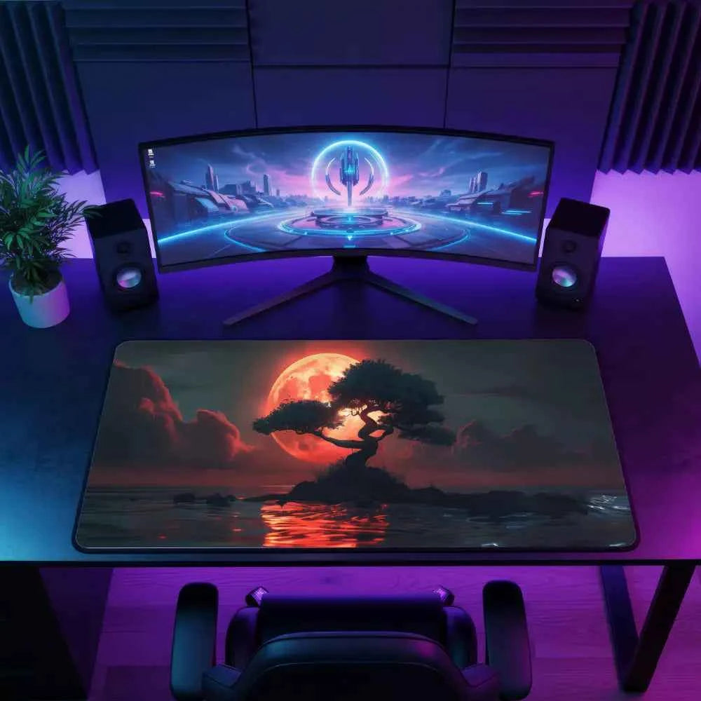 grand tapis de souris gamer arbre coucher de soleil