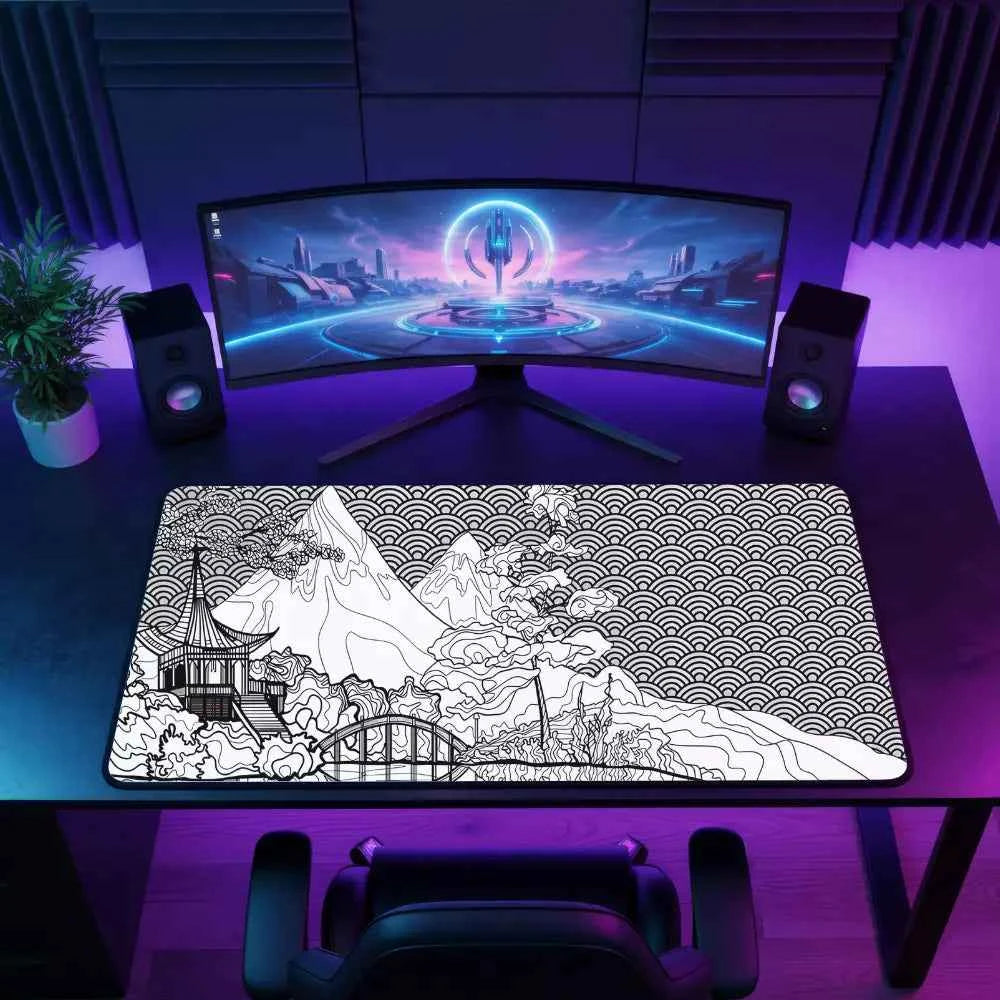grand tapis de souris gamer paysage japonais gris