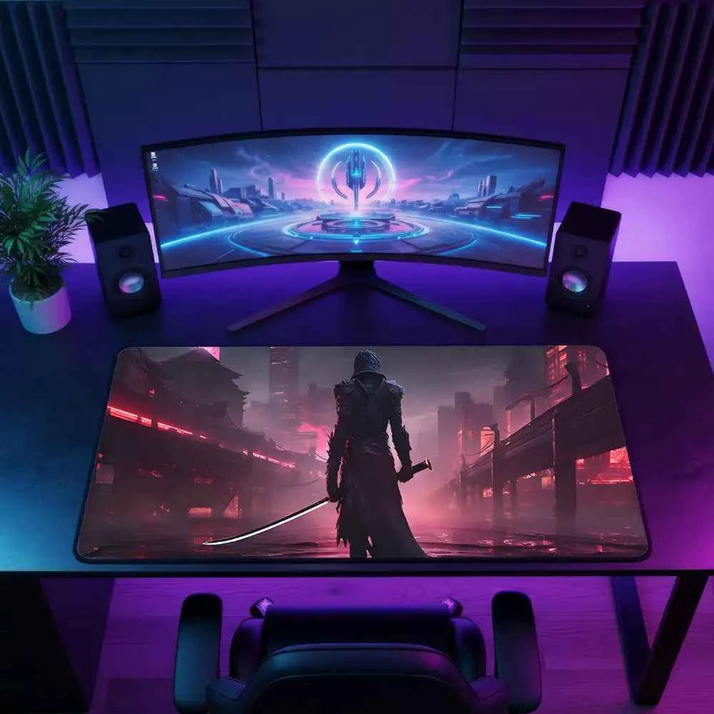 grand tapis de souris gamer samourai de dos sombre