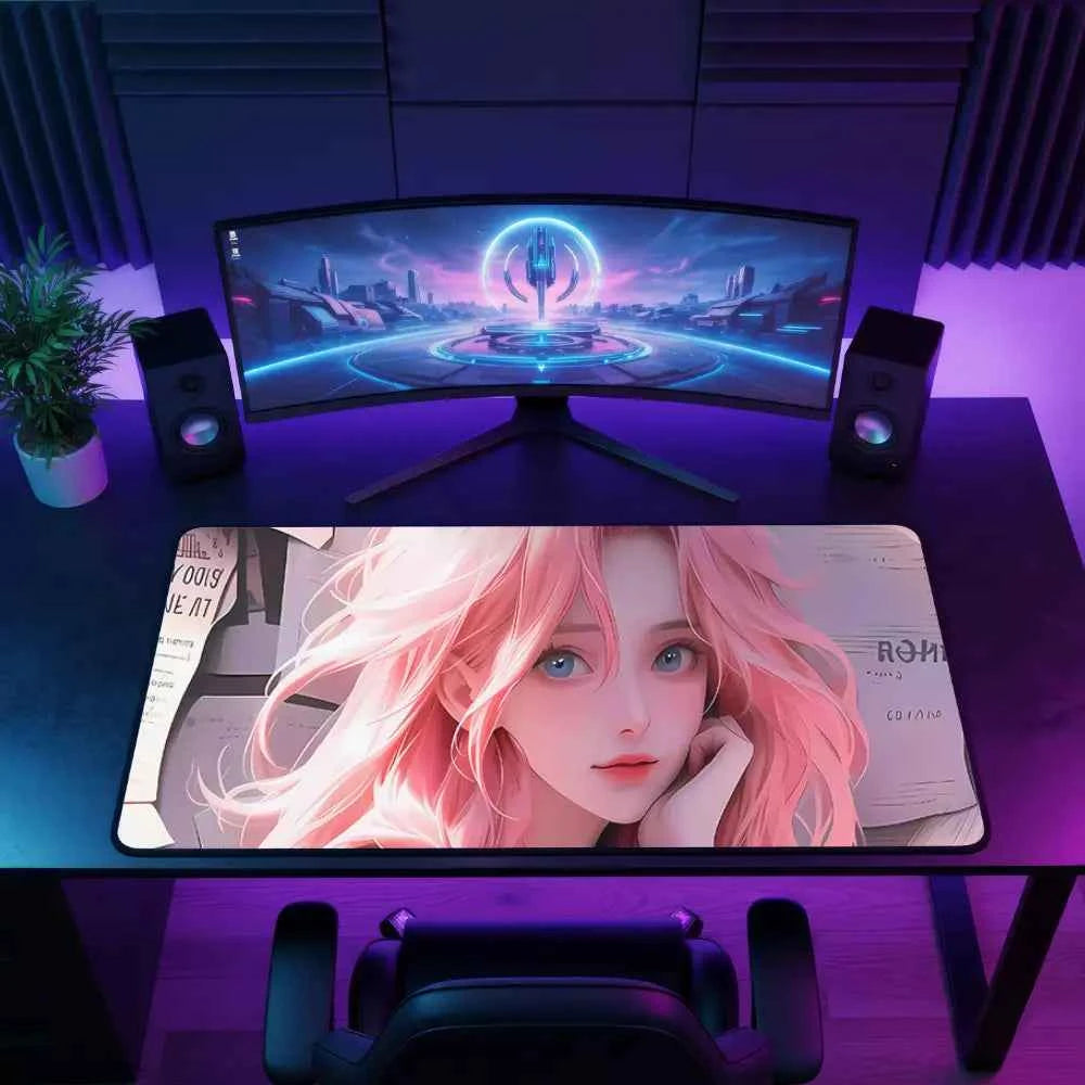 tapis de souris grand format fille cheveux rose