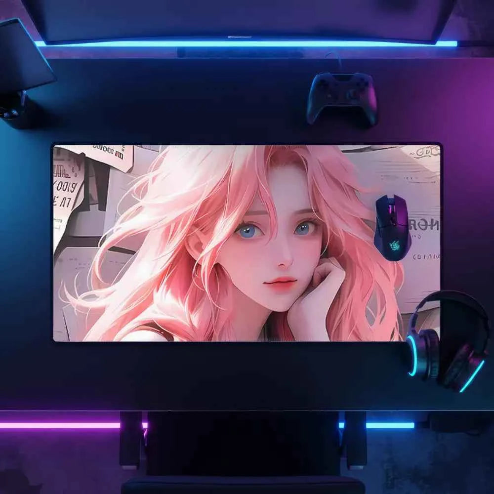 tapis de souris souris fille cheveux rose